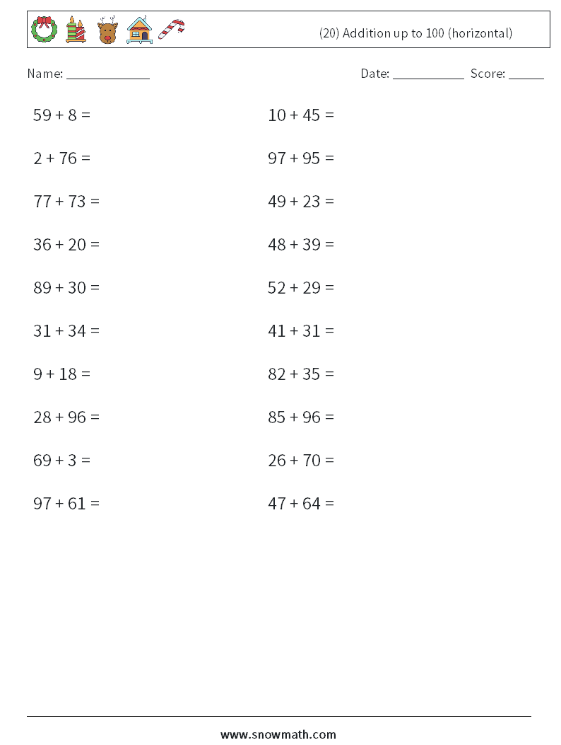 (20) Addition up to 100 (horizontal) Maths Worksheets 3