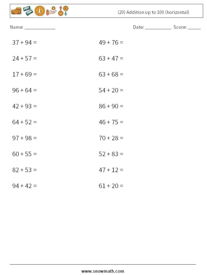 (20) Addition up to 100 (horizontal) Maths Worksheets 4