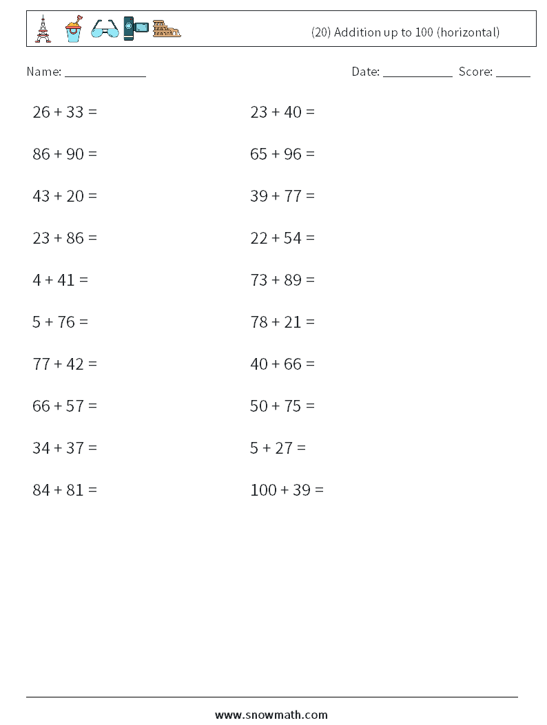 (20) Addition up to 100 (horizontal) Maths Worksheets 5