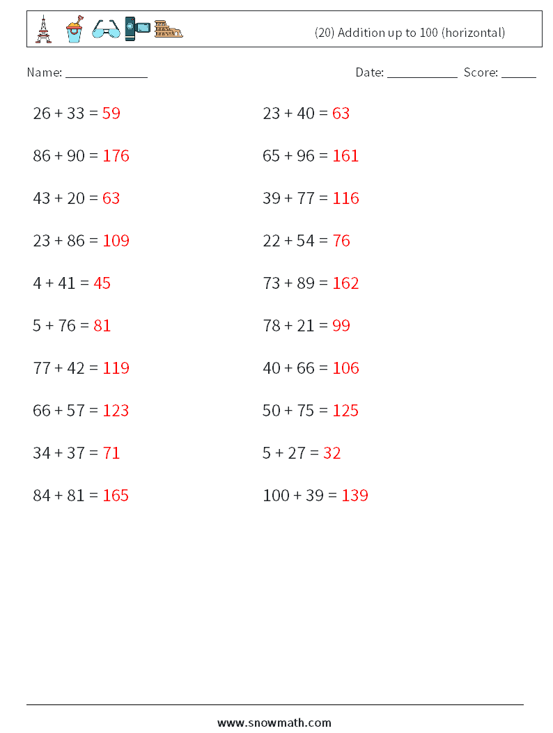 (20) Addition up to 100 (horizontal) Maths Worksheets 5 Question, Answer