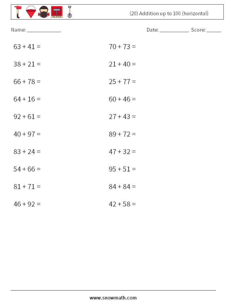 (20) Addition up to 100 (horizontal) Maths Worksheets 9