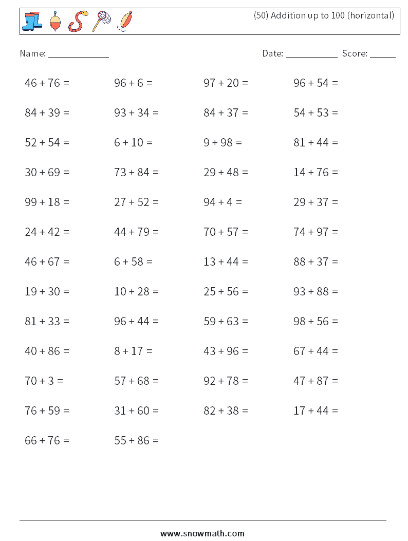 (50) Addition up to 100 (horizontal) Maths Worksheets 1