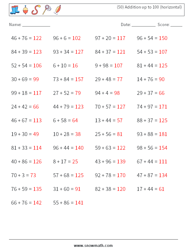 (50) Addition up to 100 (horizontal) Maths Worksheets 1 Question, Answer