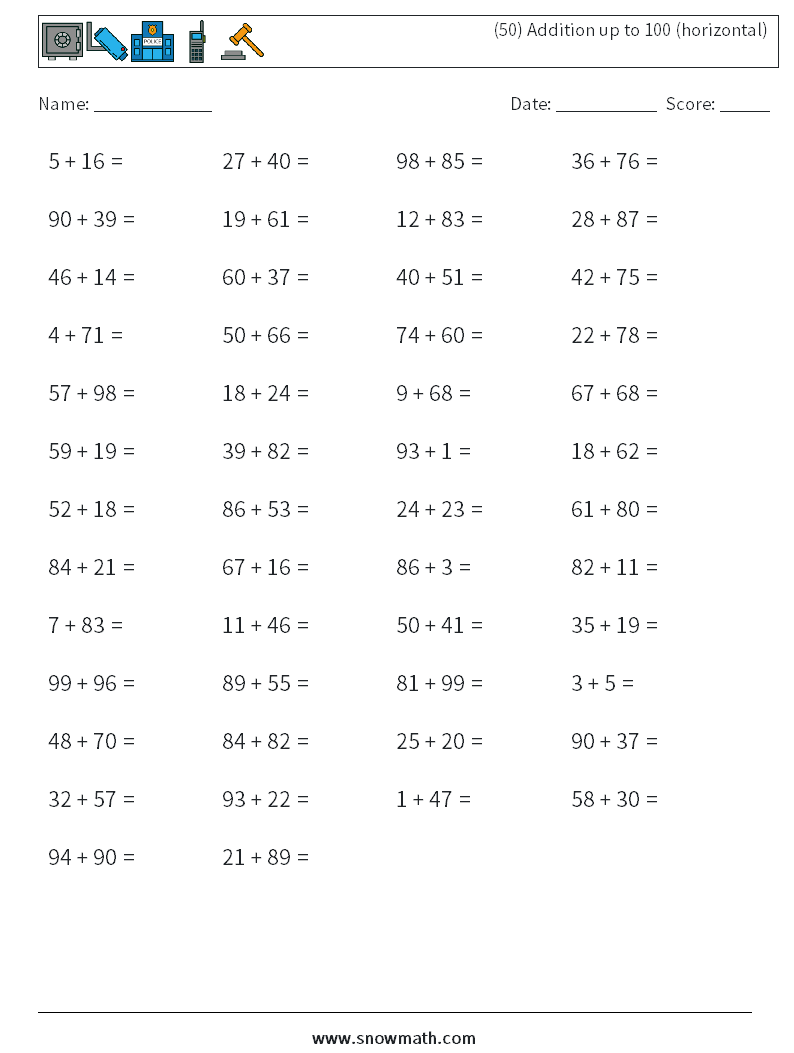 (50) Addition up to 100 (horizontal) Maths Worksheets 2