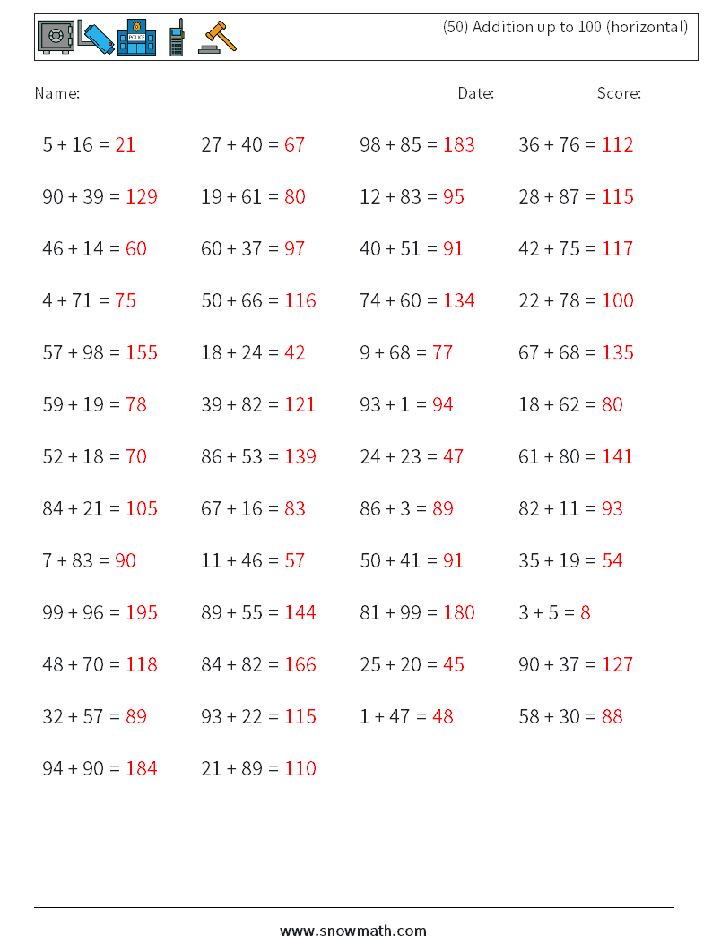 (50) Addition up to 100 (horizontal) Maths Worksheets 2 Question, Answer