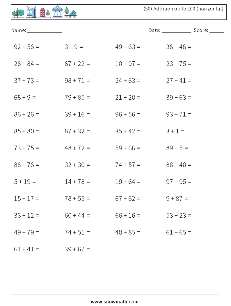 (50) Addition up to 100 (horizontal) Maths Worksheets 3