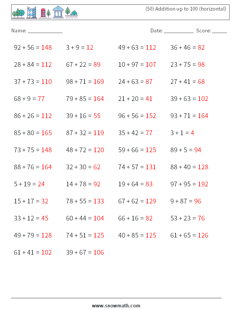(50) Addition up to 100 (horizontal) Maths Worksheets 3 Question, Answer
