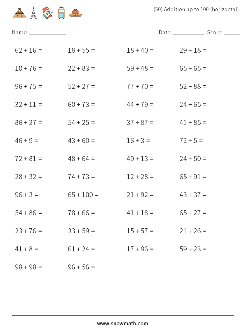 (50) Addition up to 100 (horizontal) Maths Worksheets 4