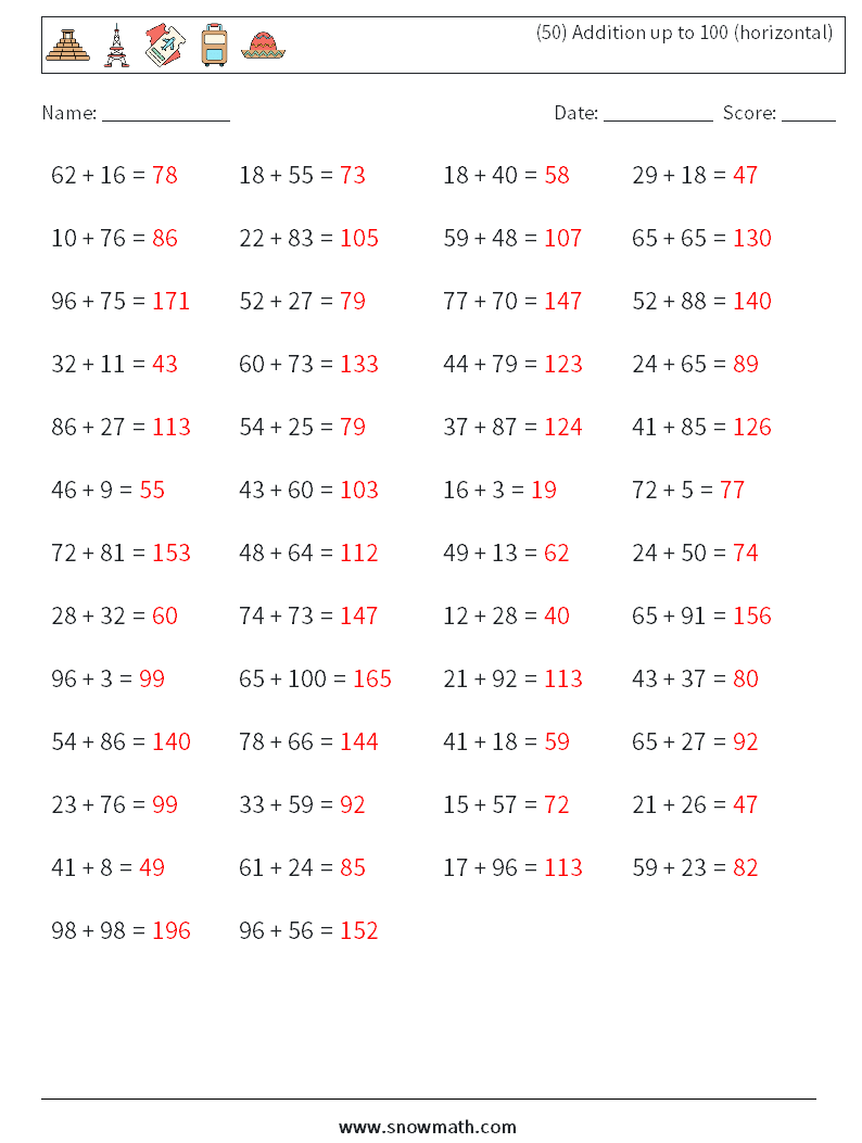 (50) Addition up to 100 (horizontal) Maths Worksheets 4 Question, Answer