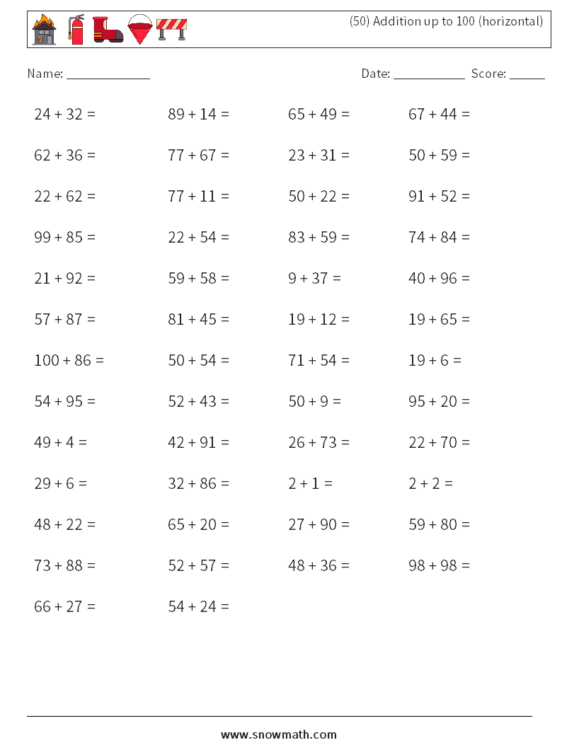 (50) Addition up to 100 (horizontal) Maths Worksheets 5