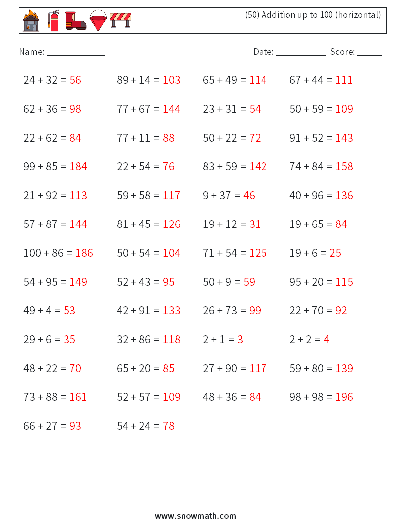 (50) Addition up to 100 (horizontal) Maths Worksheets 5 Question, Answer