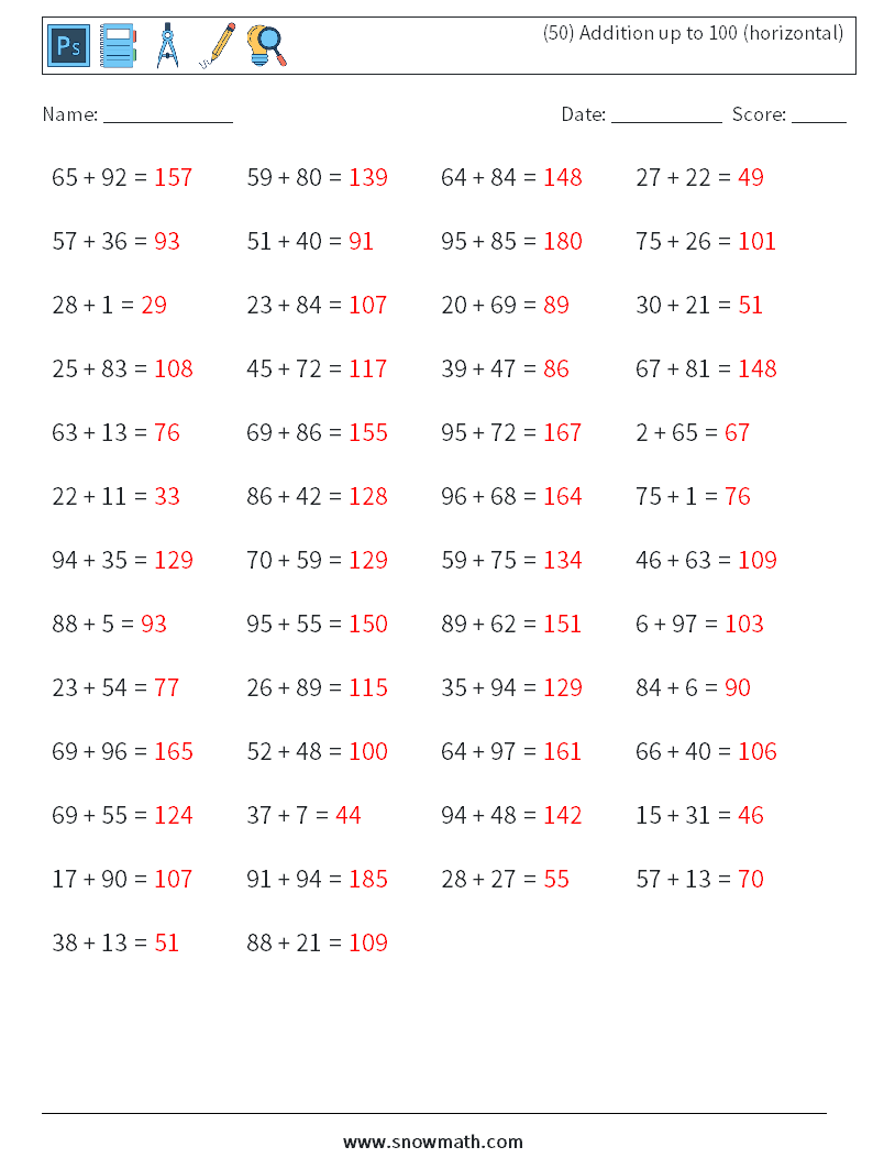 (50) Addition up to 100 (horizontal) Maths Worksheets 6 Question, Answer