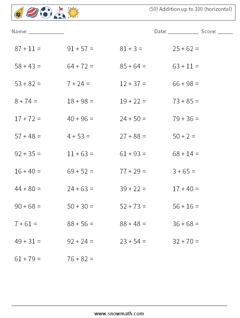 (50) Addition up to 100 (horizontal) Maths Worksheets 7