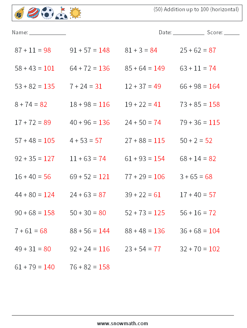 (50) Addition up to 100 (horizontal) Maths Worksheets 7 Question, Answer