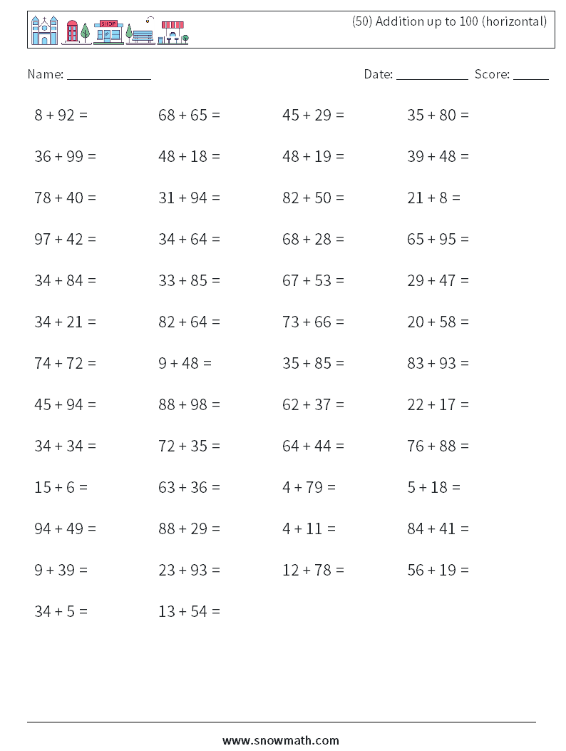 (50) Addition up to 100 (horizontal) Maths Worksheets 8