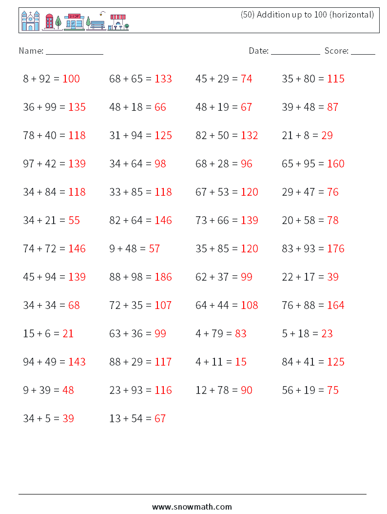 (50) Addition up to 100 (horizontal) Maths Worksheets 8 Question, Answer