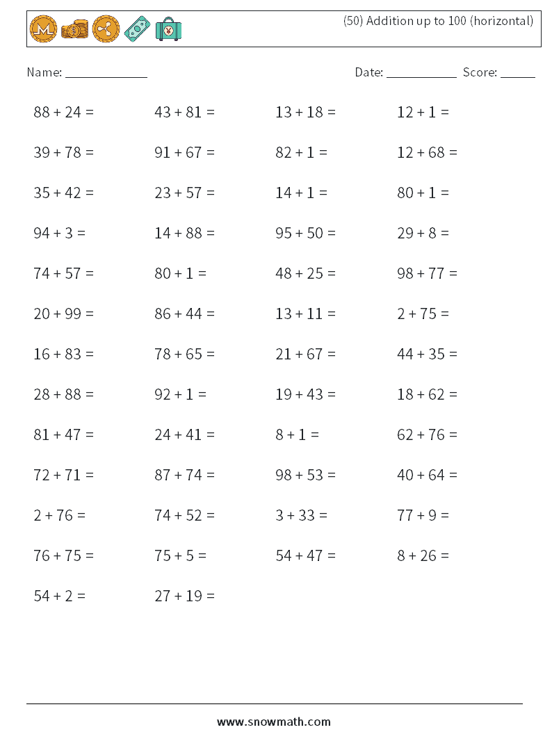 (50) Addition up to 100 (horizontal) Maths Worksheets 9