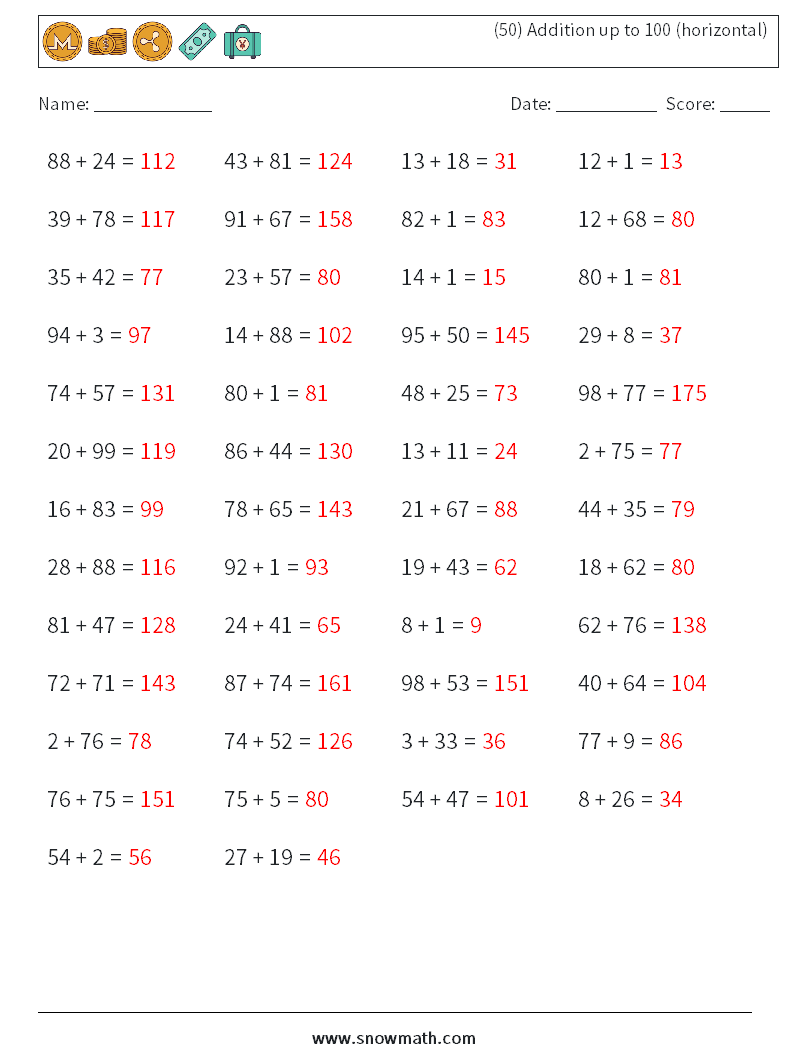 (50) Addition up to 100 (horizontal) Maths Worksheets 9 Question, Answer