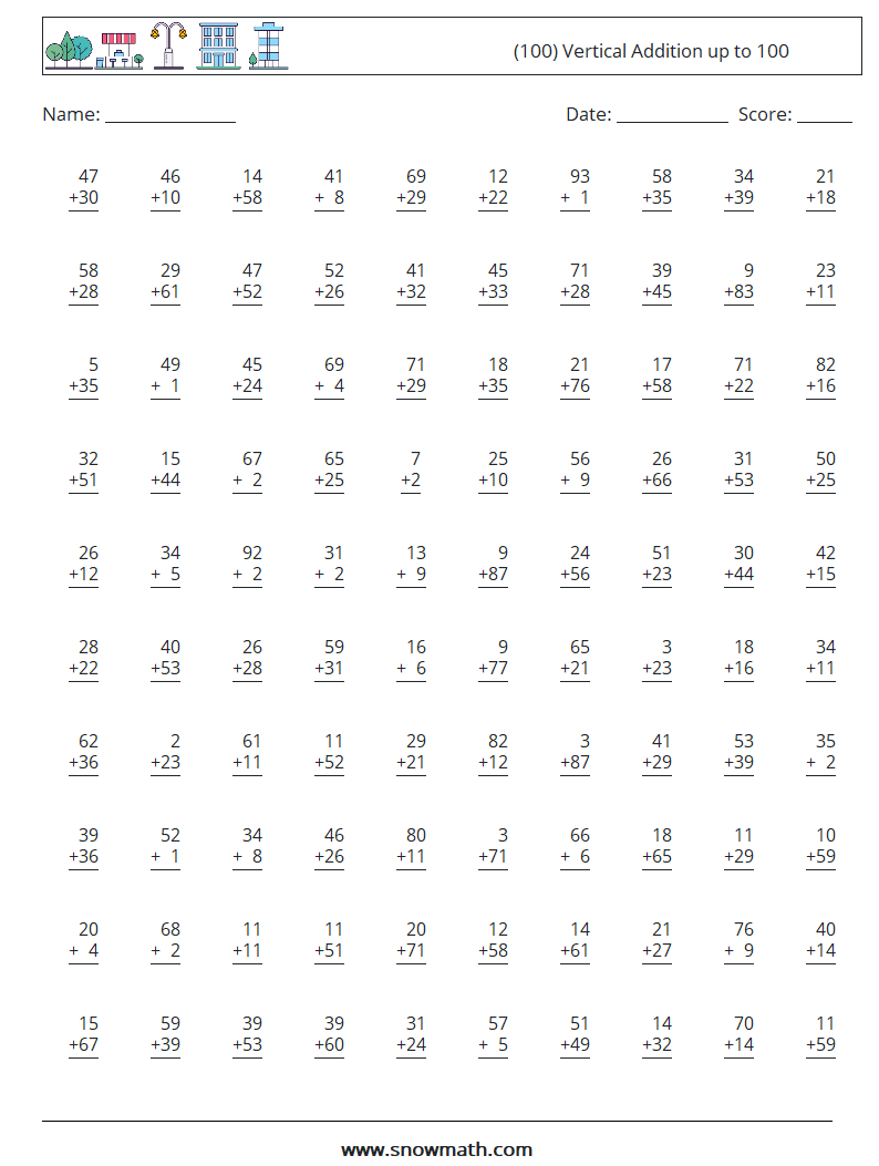 (100) Vertical Addition up to 100 Maths Worksheets 10