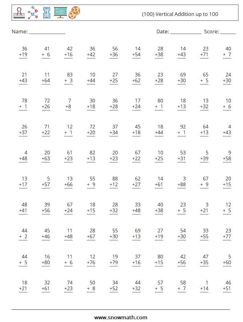 (100) Vertical Addition up to 100 Maths Worksheets 12