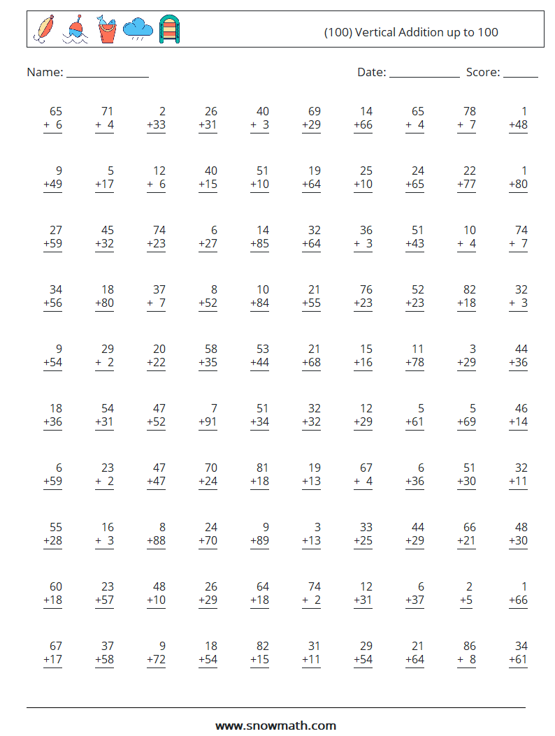 (100) Vertical Addition up to 100 Maths Worksheets 13