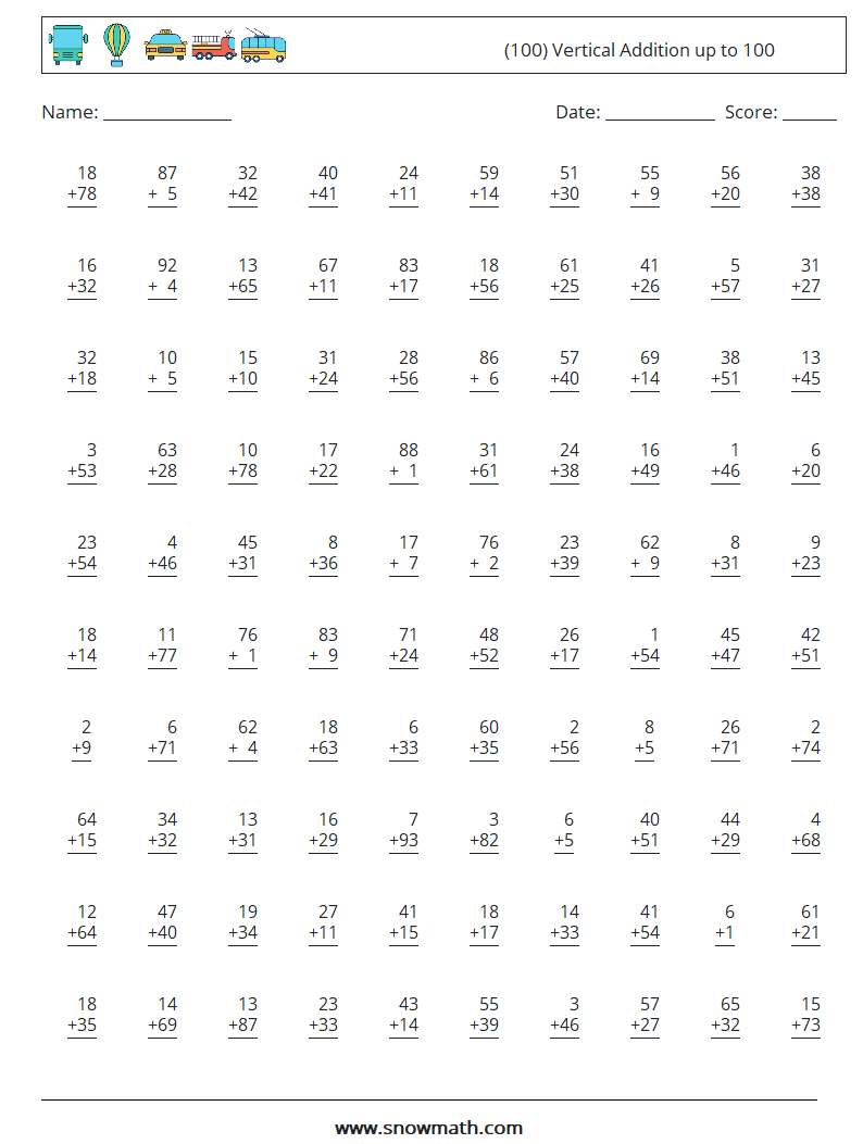 (100) Vertical Addition up to 100 Maths Worksheets 14