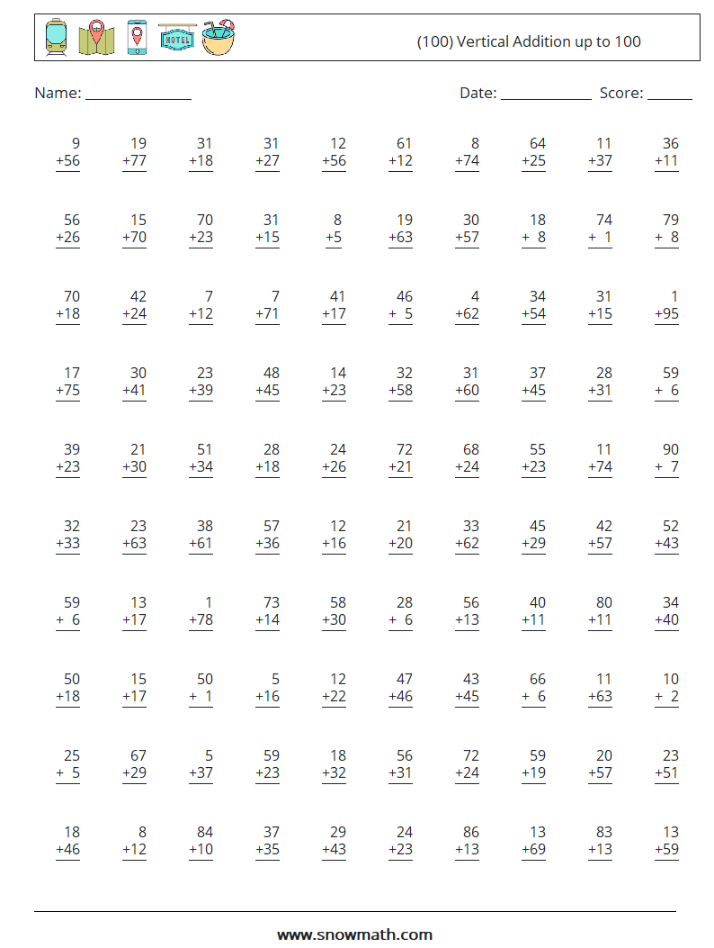 (100) Vertical Addition up to 100 Maths Worksheets 16