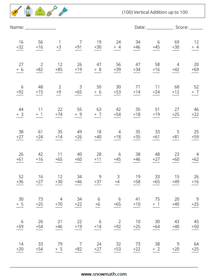 (100) Vertical Addition up to 100 Maths Worksheets 18