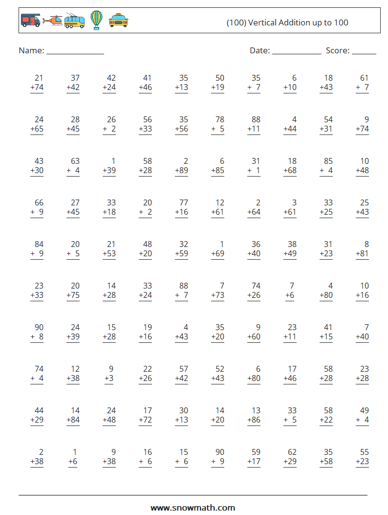 (100) Vertical Addition up to 100 Maths Worksheets 2