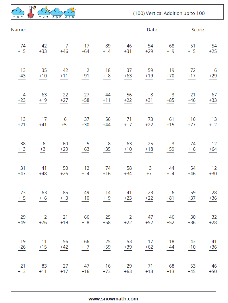 (100) Vertical Addition up to 100 Maths Worksheets 3