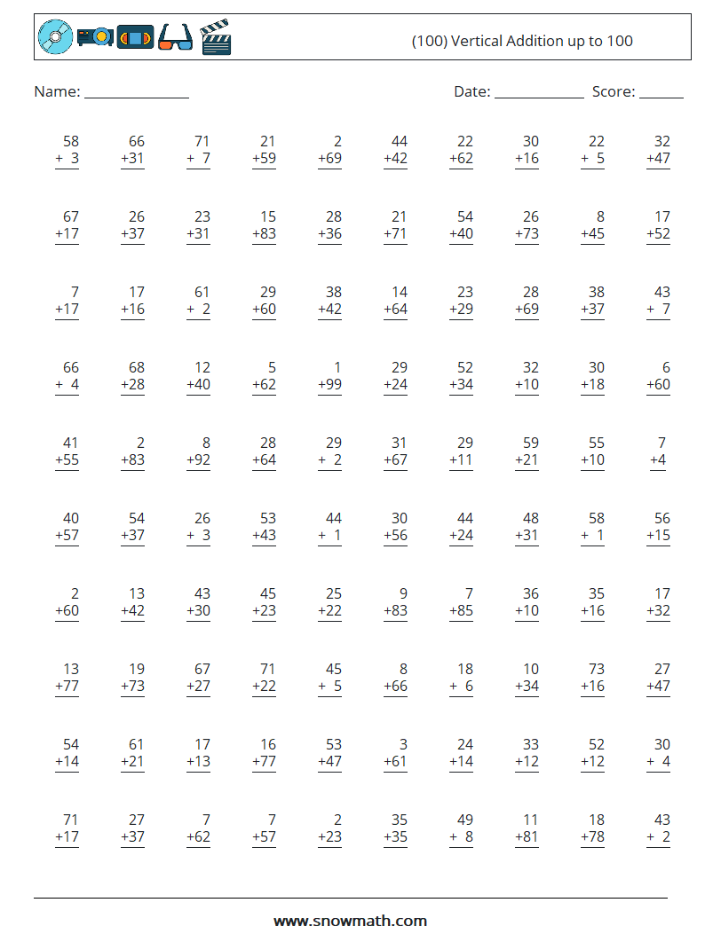 (100) Vertical Addition up to 100 Maths Worksheets 4