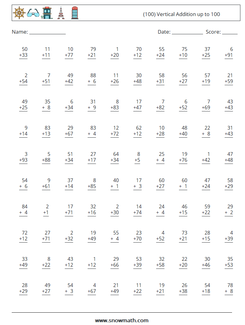 (100) Vertical Addition up to 100 Maths Worksheets 6