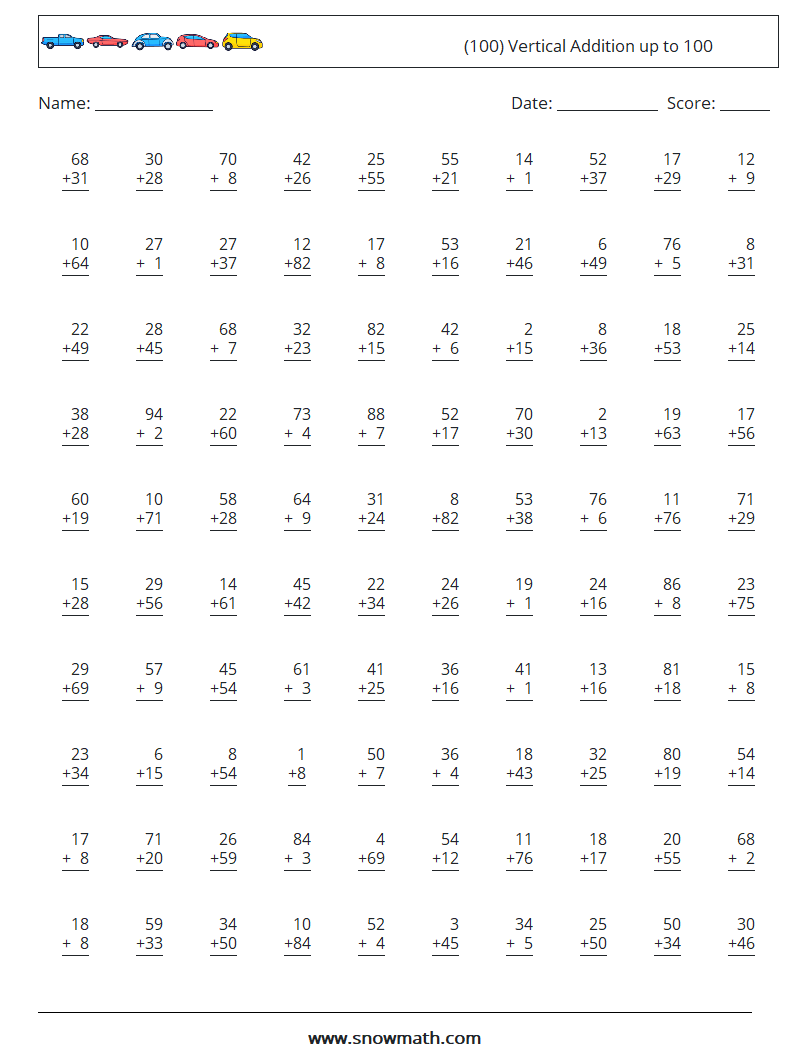 (100) Vertical Addition up to 100 Maths Worksheets 9