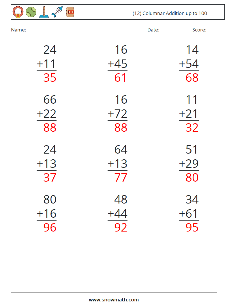 (12) Columnar Addition up to 100 Maths Worksheets 2 Question, Answer