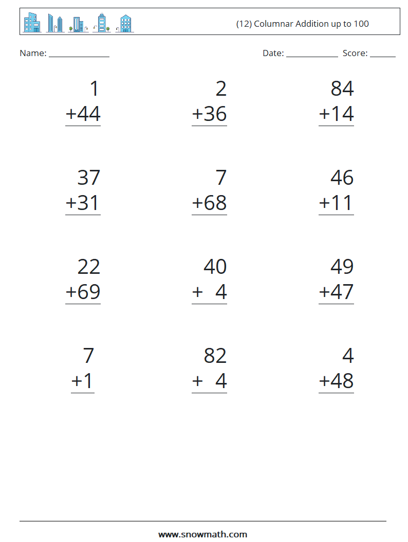 (12) Columnar Addition up to 100 Maths Worksheets 3