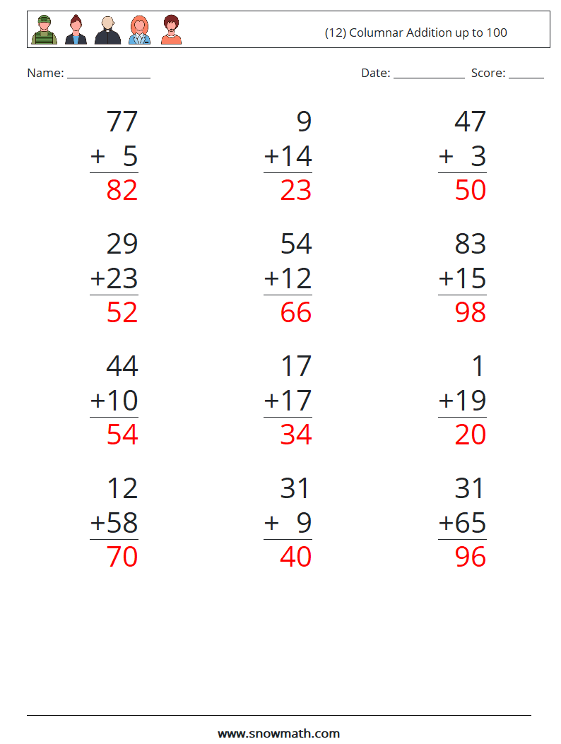 (12) Columnar Addition up to 100 Maths Worksheets 4 Question, Answer