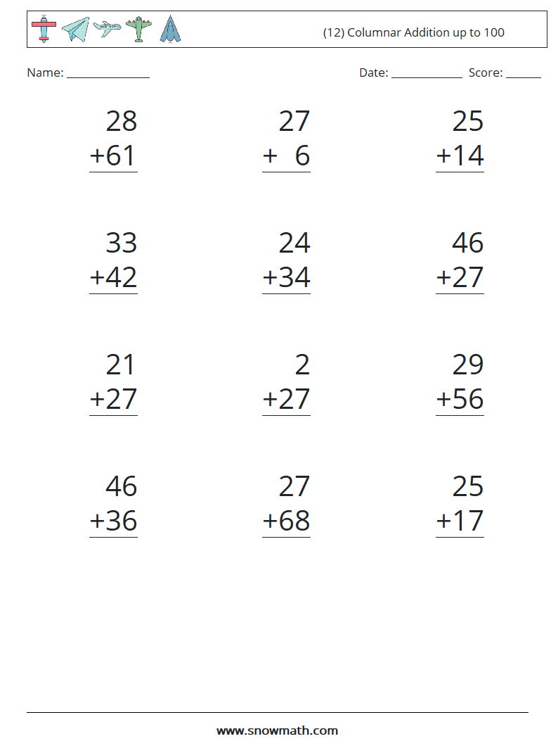 (12) Columnar Addition up to 100 Maths Worksheets 5