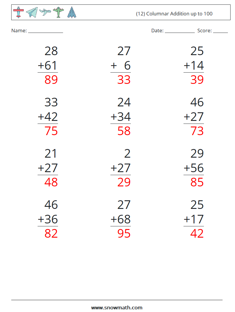 (12) Columnar Addition up to 100 Maths Worksheets 5 Question, Answer