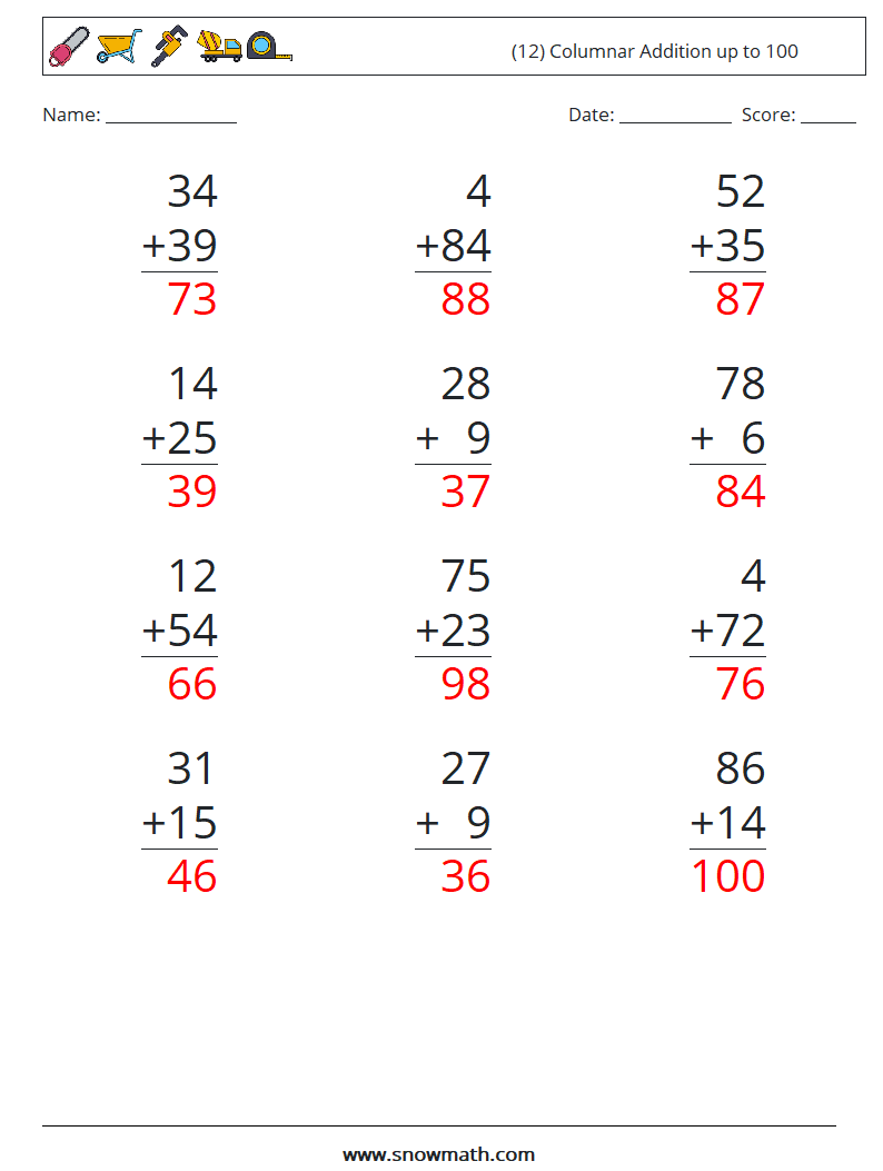 (12) Columnar Addition up to 100 Maths Worksheets 6 Question, Answer
