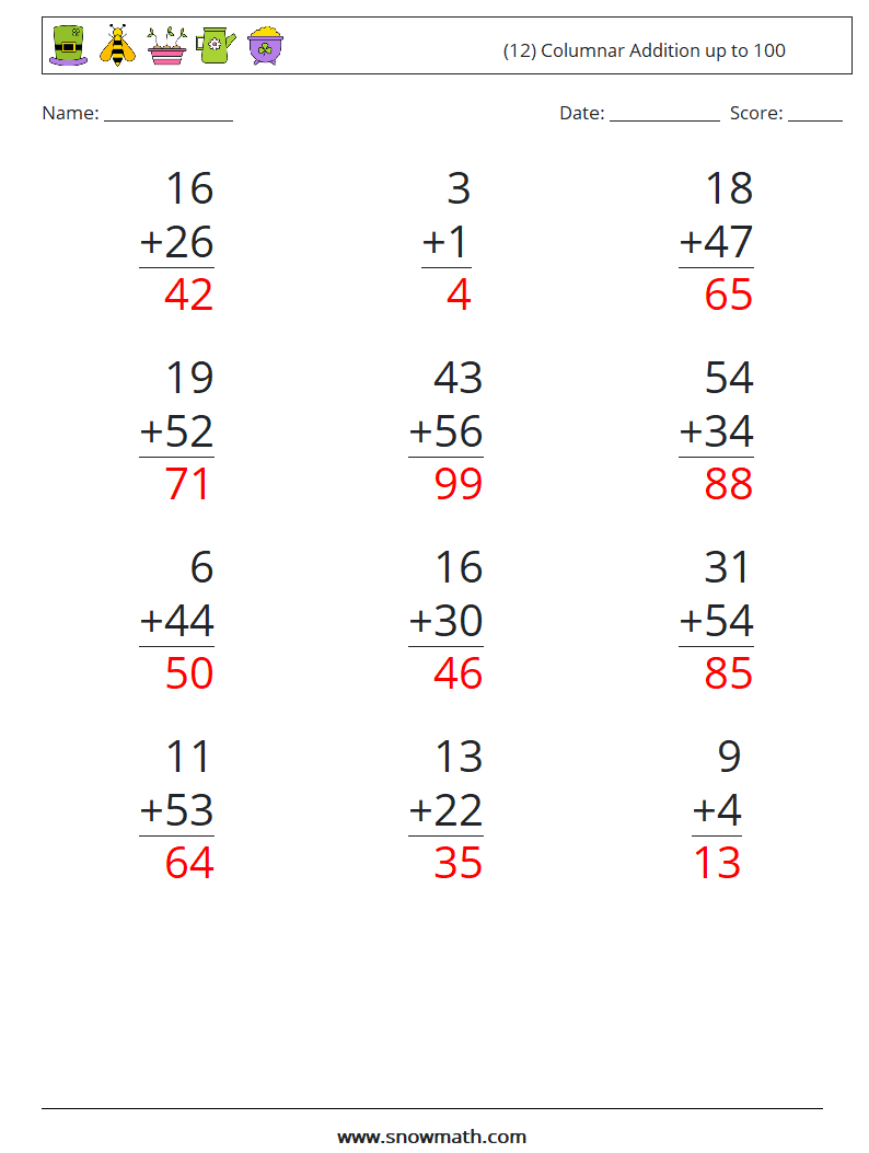 (12) Columnar Addition up to 100 Maths Worksheets 7 Question, Answer