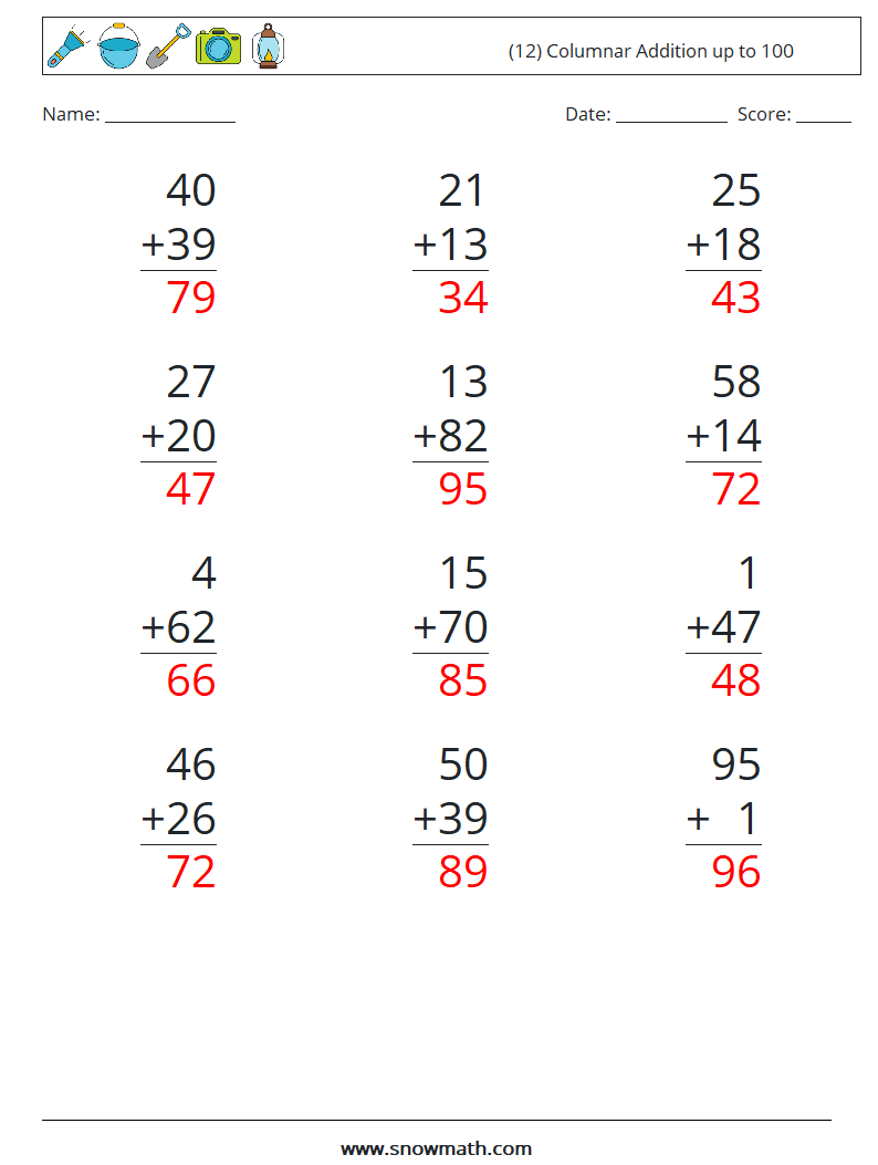 (12) Columnar Addition up to 100 Maths Worksheets 8 Question, Answer