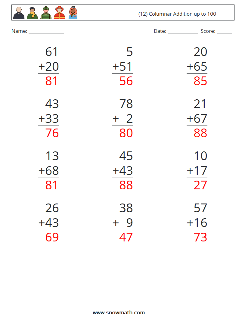 (12) Columnar Addition up to 100 Maths Worksheets 9 Question, Answer