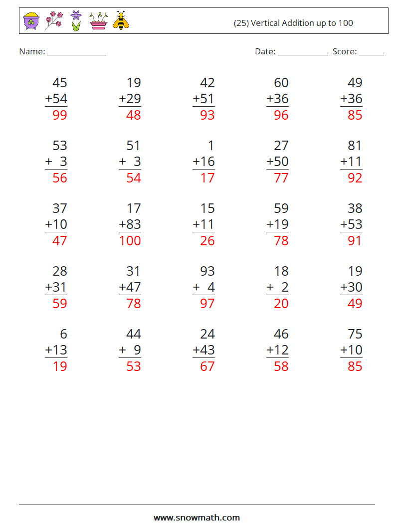 (25) Vertical Addition up to 100 Maths Worksheets 11 Question, Answer