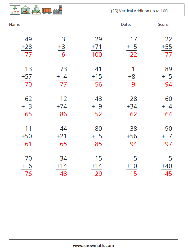 (25) Vertical Addition up to 100 Maths Worksheets 13 Question, Answer