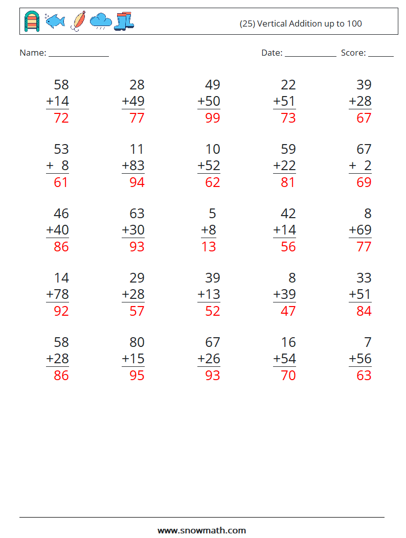 (25) Vertical Addition up to 100 Maths Worksheets 16 Question, Answer