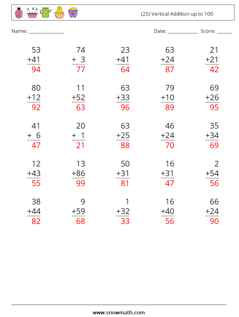 (25) Vertical Addition up to 100 Maths Worksheets 17 Question, Answer