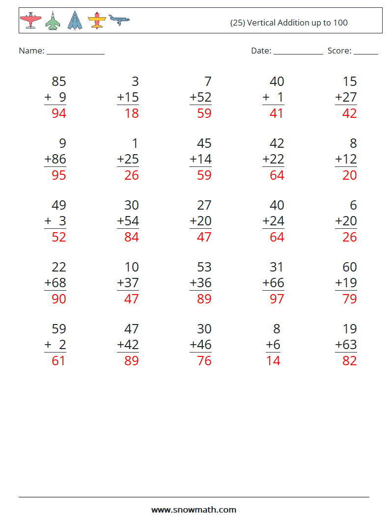 (25) Vertical Addition up to 100 Maths Worksheets 2 Question, Answer