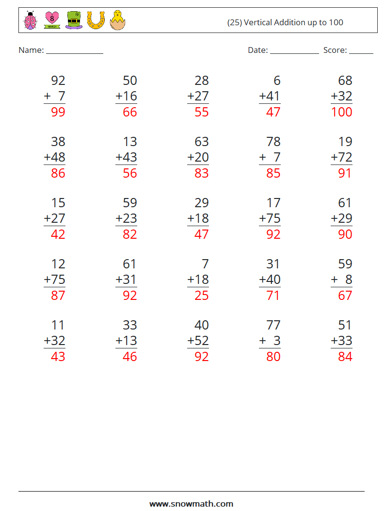 (25) Vertical Addition up to 100 Maths Worksheets 4 Question, Answer