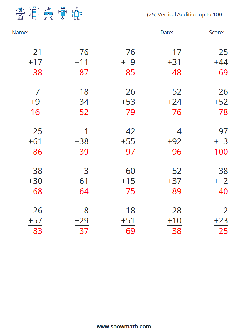 (25) Vertical Addition up to 100 Maths Worksheets 7 Question, Answer