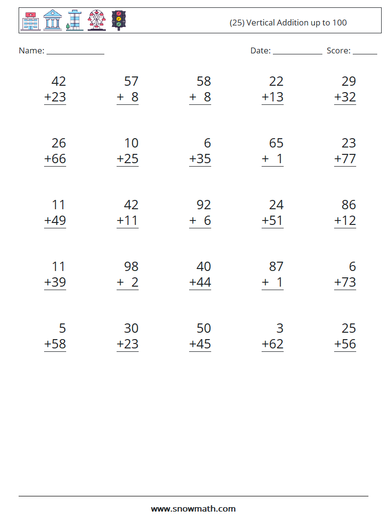 (25) Vertical Addition up to 100 Maths Worksheets 8